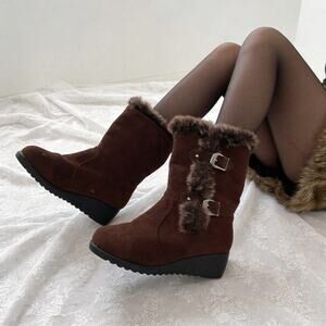 Vintage Black Fur Moto Boots Buckle Detail Indie Sleaze